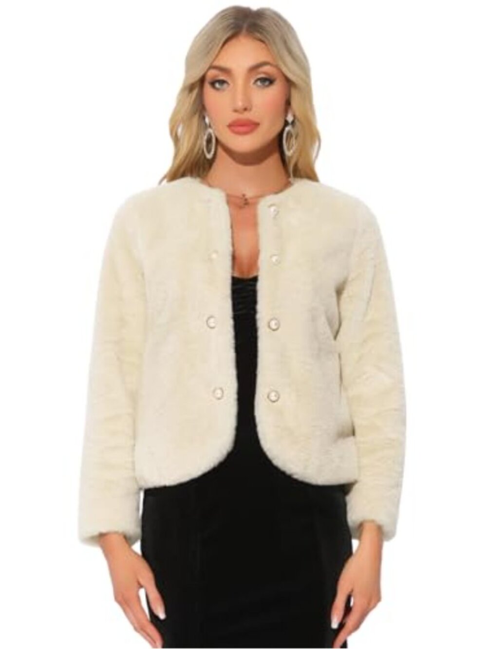 Women's Faux Fur Long Sleeve Pearl Button Cardigan Coat Winter Outerwear